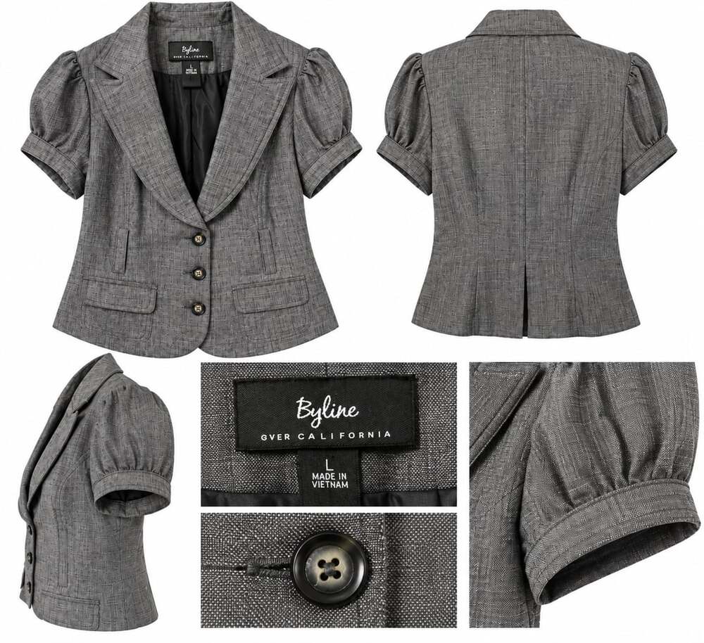 Byer California Gray Blazer L Puff Short Sleeve Textured Cropped Jacket Work